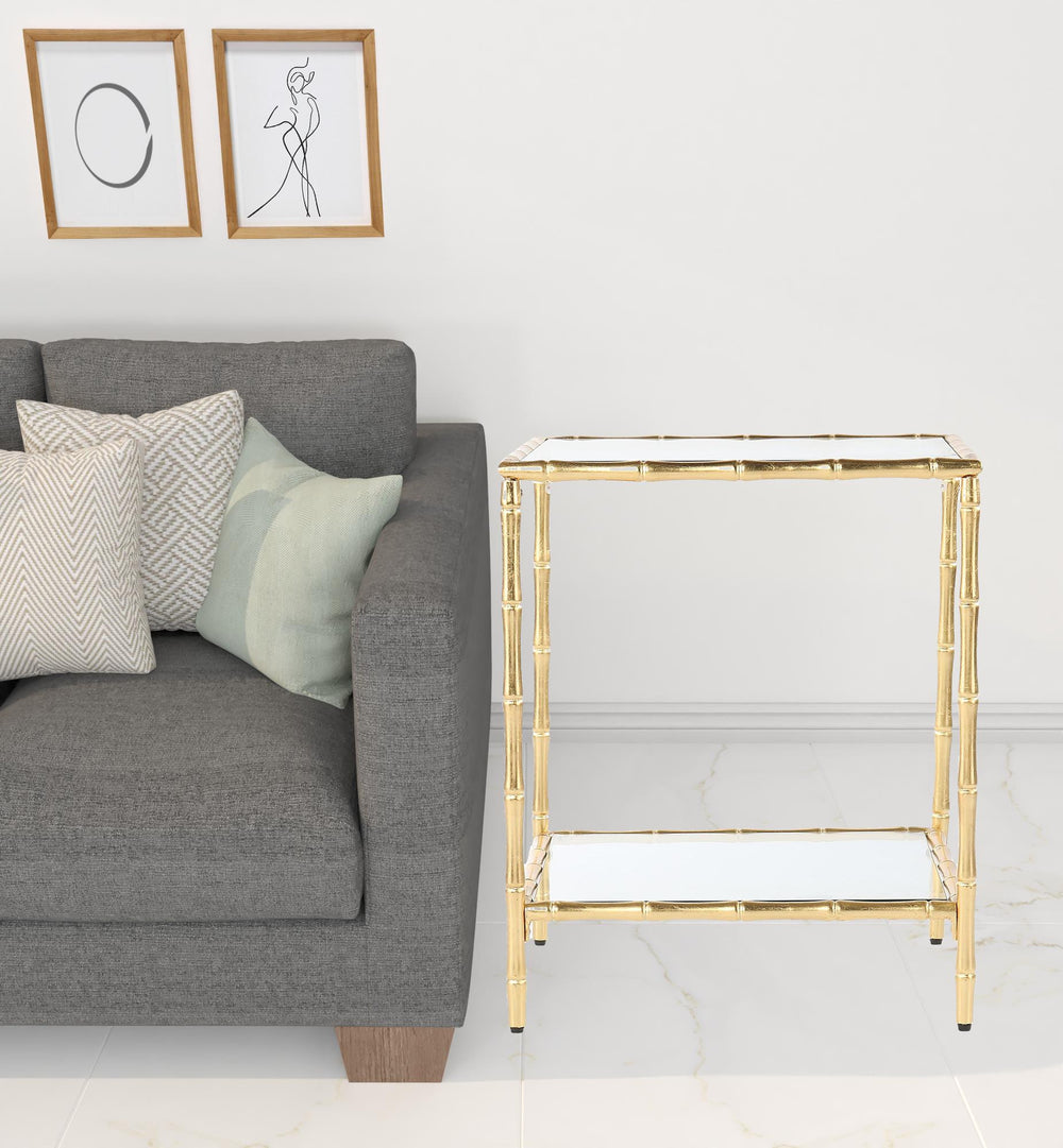 Homeroots 23" Gold Glass Top Square End Table With Shelf   402265