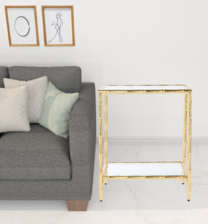 Homeroots 23" Gold Glass Top Square End Table With Shelf   402265