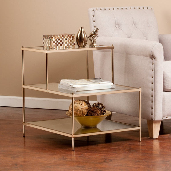 HomeRoots 24" Glamorous Gold & Clear Glass Tiered End Table for Chic Storage & Stylish Display Options 402266