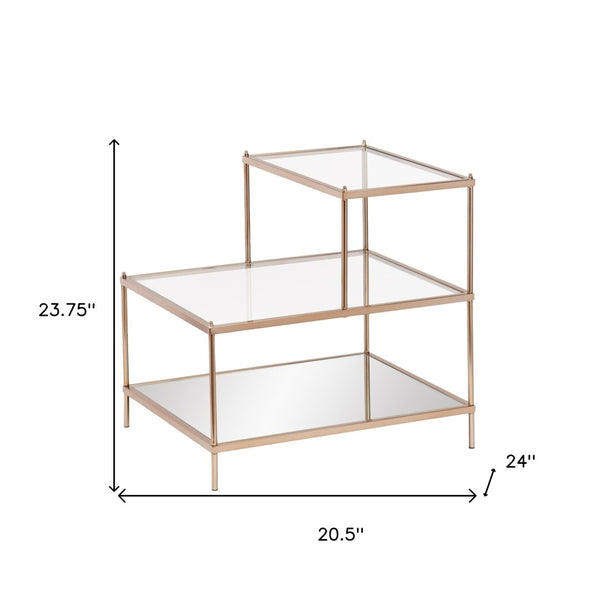 HomeRoots 24" Glamorous Gold & Clear Glass Tiered End Table for Chic Storage & Stylish Display Options 402266