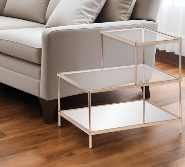 HomeRoots 24" Glamorous Gold & Clear Glass Tiered End Table for Chic Storage & Stylish Display Options 402266