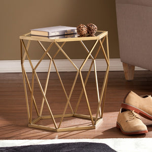 Homeroots 19" Gold And Reflective Glass Hexagon Mirrored End Table   402267