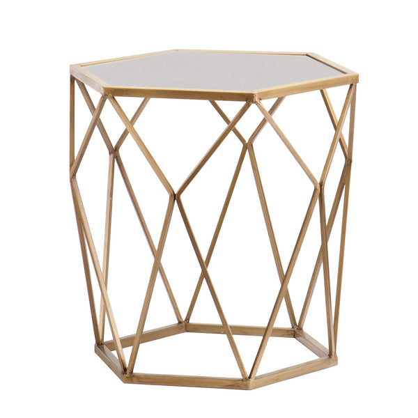 Homeroots 19" Gold And Reflective Glass Hexagon Mirrored End Table   402267