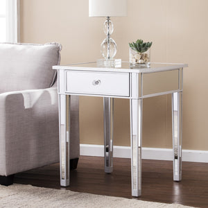 Homeroots 29" Silver And Reflective Glass Square End Table With Drawer   402269