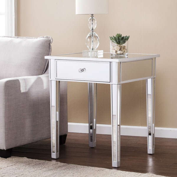 Homeroots 29" Silver And Reflective Glass Square End Table With Drawer   402269