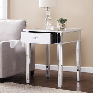 Homeroots 29" Silver And Reflective Glass Square End Table With Drawer   402269