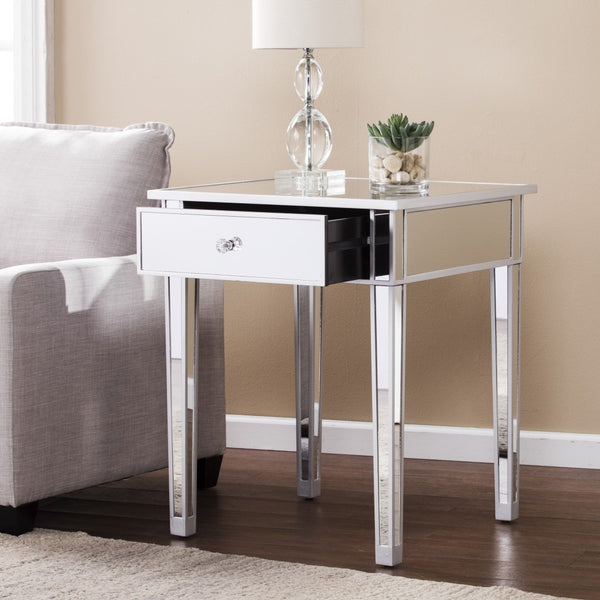 Homeroots 29" Silver And Reflective Glass Square End Table With Drawer   402269