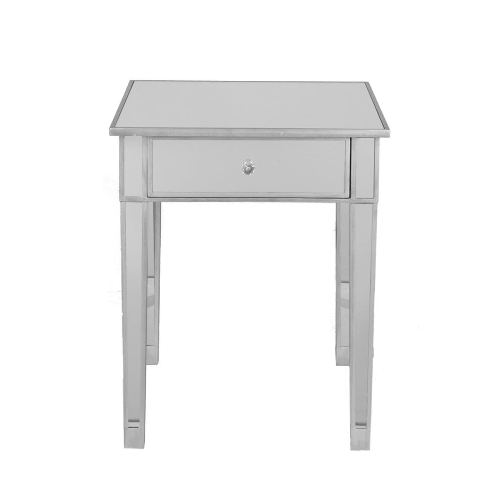 Homeroots 29" Silver And Reflective Glass Square End Table With Drawer   402269