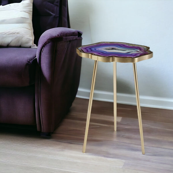 Homeroots 24" Gold And Shades Of Violet Faux Agate End Table   402280