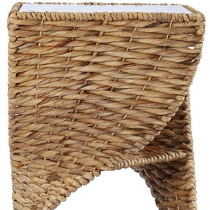 HomeRoots 23" Coastal Bohemian Rattan Swirl Glass Top End Table with Storage Shelves for Small Spaces 402283