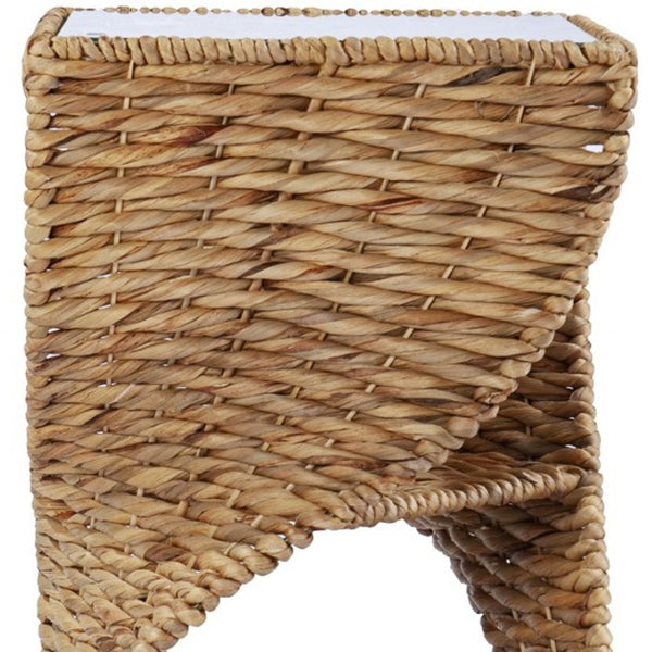 HomeRoots 23" Coastal Bohemian Rattan Swirl Glass Top End Table with Storage Shelves for Small Spaces 402283
