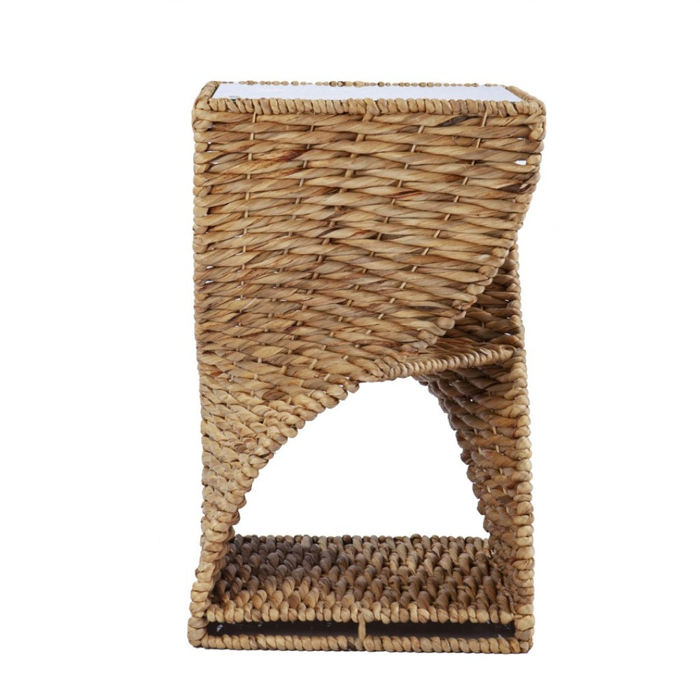 HomeRoots 23" Coastal Bohemian Rattan Swirl Glass Top End Table with Storage Shelves for Small Spaces 402283