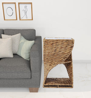 Homeroots 23" Brown And Natural Rattan Swirl Glass Top Square End Table   402283