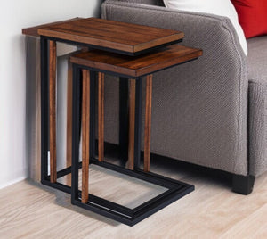 HomeRoots Set of Two Rustic Brown Solid Wood Nested End Tables - Space-Saving C-Shape Design for Versatility 402287