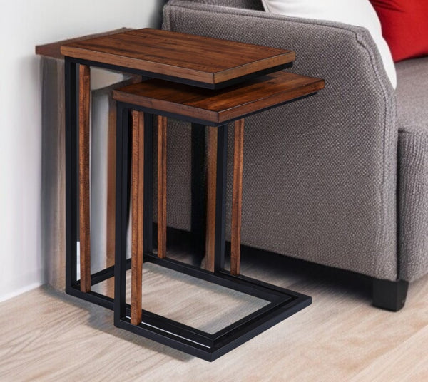 HomeRoots Set of Two Rustic Brown Solid Wood Nested End Tables - Space-Saving C-Shape Design for Versatility 402287