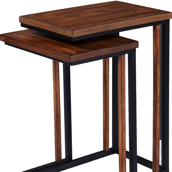 HomeRoots Set of Two Rustic Brown Solid Wood Nested End Tables - Space-Saving C-Shape Design for Versatility 402287
