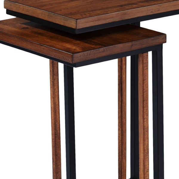 HomeRoots Set of Two Rustic Brown Solid Wood Nested End Tables - Space-Saving C-Shape Design for Versatility 402287