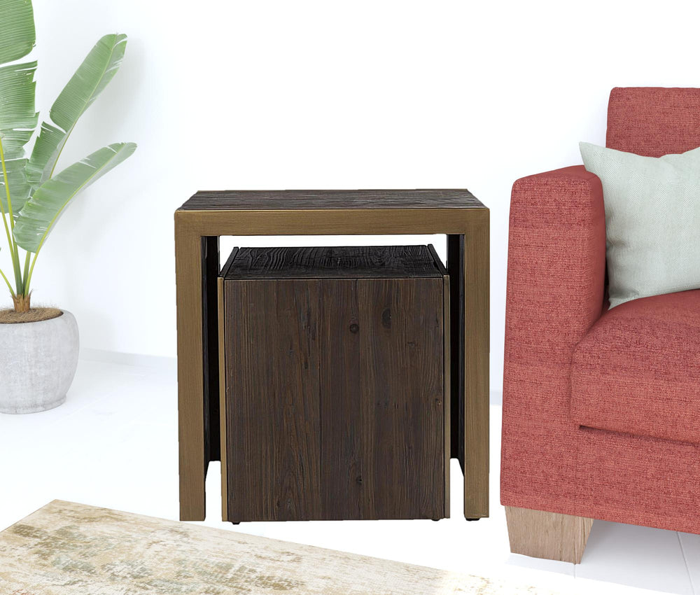 Homeroots Set Of Two 19" Gray Solid Wood And Gold Chunky Nested End Tables   402289