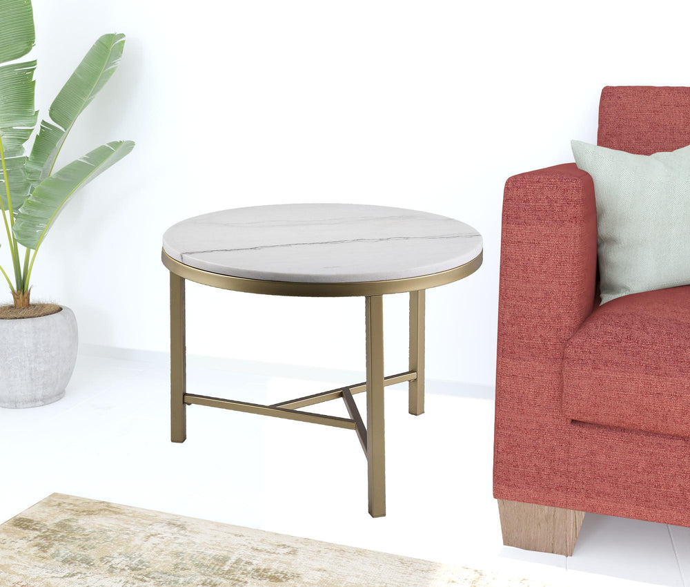 Homeroots 18" Gold And White Marble Round End Table   402296