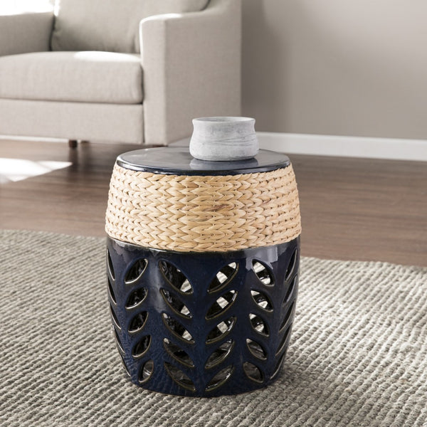 Homeroots 18" Navy Blue Ceramic Tile And Faux Concrete Round End Table   402299