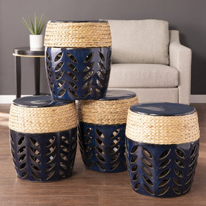 Homeroots 18" Navy Blue Ceramic Tile And Faux Concrete Round End Table   402299