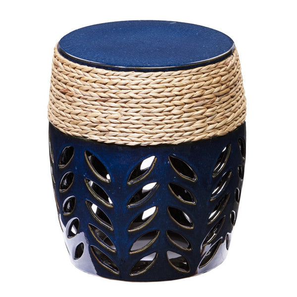 Homeroots 18" Navy Blue Ceramic Tile And Faux Concrete Round End Table   402299