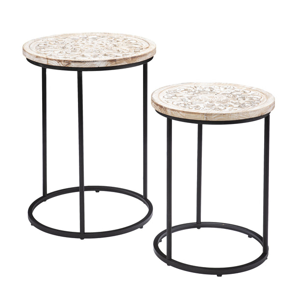 Homeroots Set Of Two Black And White Distressed Wood And Iron Round Nested Tables   402300