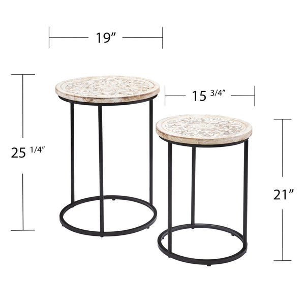 Homeroots Set Of Two Black And White Distressed Wood And Iron Round Nested Tables   402300