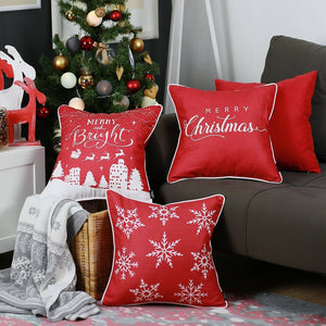 HomeRoots Set of Four 18" Red Zippered Christmas Snowflake Throw Pillows – Cozy Holiday Decor for Home! 402356