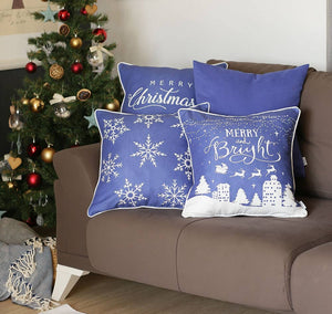 Homeroots Set Of Four 18" X 18" Blue Zippered Polyester Christmas Reindeer Throw Pillow   402357