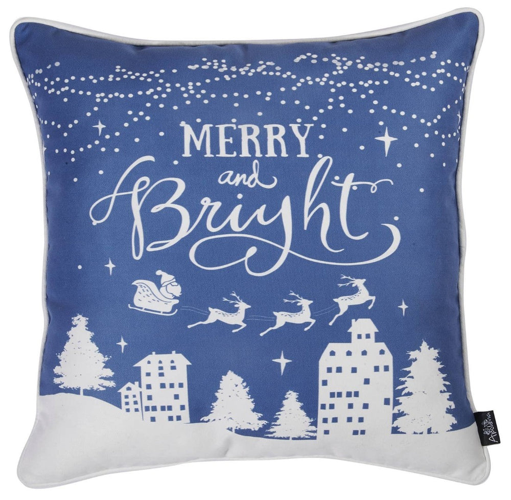 HomeRoots Set of Four 18" Blue Zippered Polyester Throw Pillows with Charming Reindeer and Merry Christmas Designs 402357