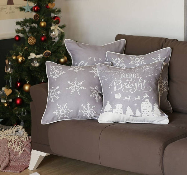 HomeRoots Set of Four Gray and White Snowflake Throw Pillows - Cozy Winter Accents for Any Home Decor 402358