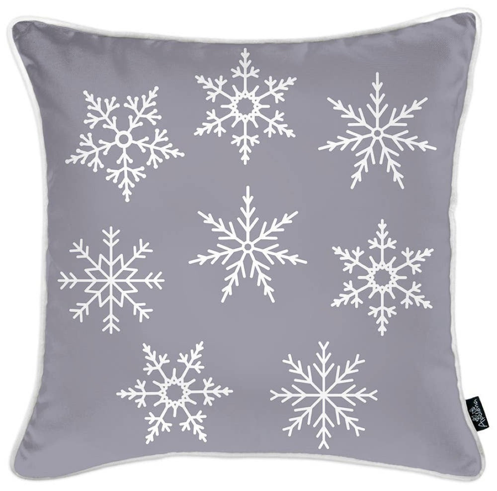 HomeRoots Set of Four Gray and White Snowflake Throw Pillows - Cozy Winter Accents for Any Home Decor 402358