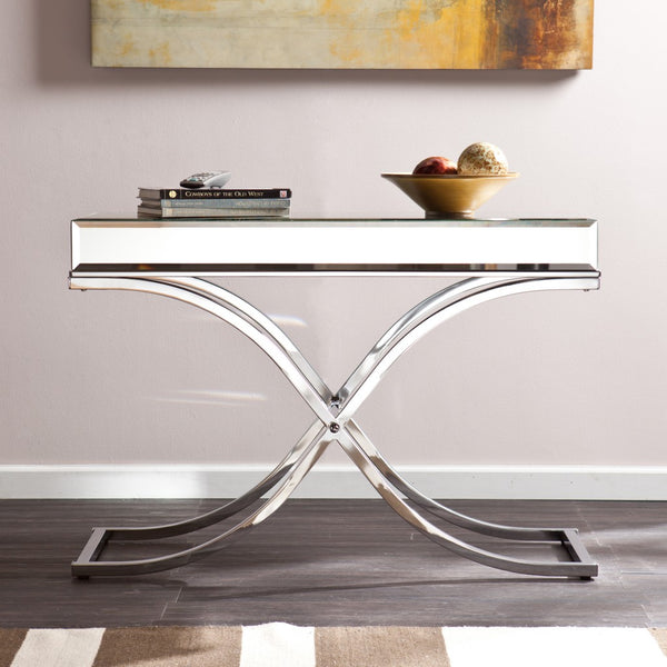 Homeroots 42" Silver Mirrored Glass Cross Leg Console Table   402359