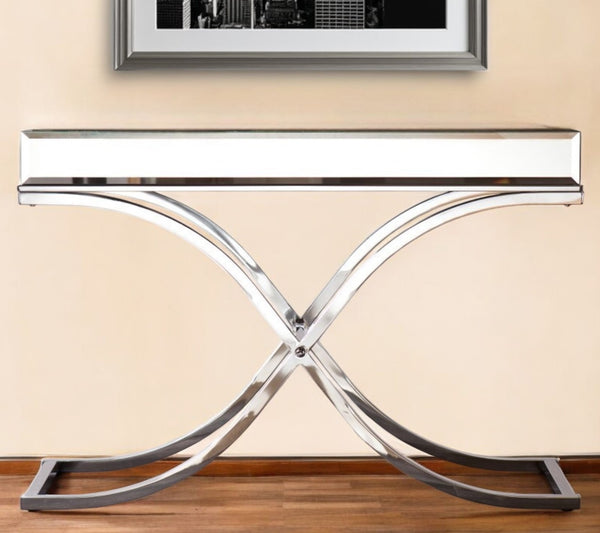 Homeroots 42" Silver Mirrored Glass Cross Leg Console Table   402359