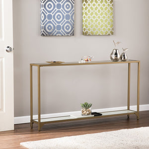 Homeroots 56" Clear And Gold Glass Mirrored Frame Console Table With Shelves   402364