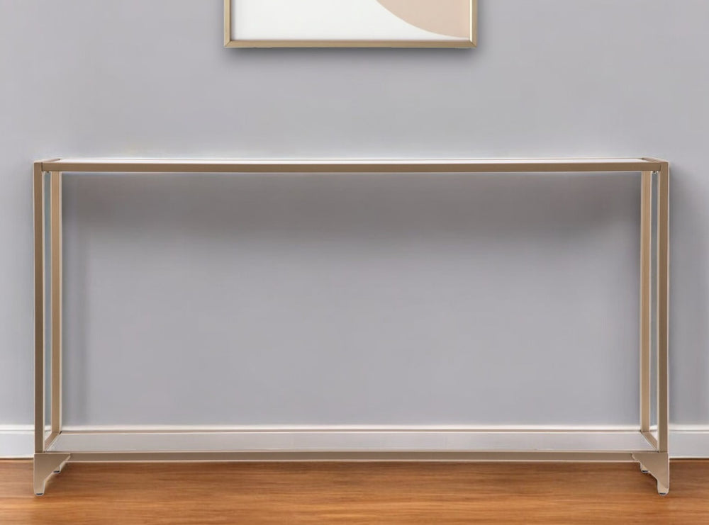 Homeroots 56" Clear And Gold Glass Mirrored Frame Console Table With Shelves   402364