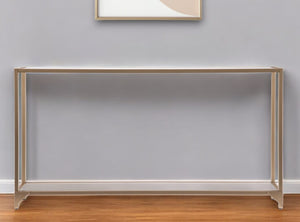 Homeroots 56" Clear And Gold Glass Mirrored Frame Console Table With Shelves   402364