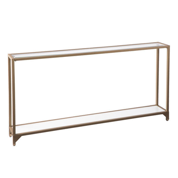 Homeroots 56" Clear And Gold Glass Mirrored Frame Console Table With Shelves   402364