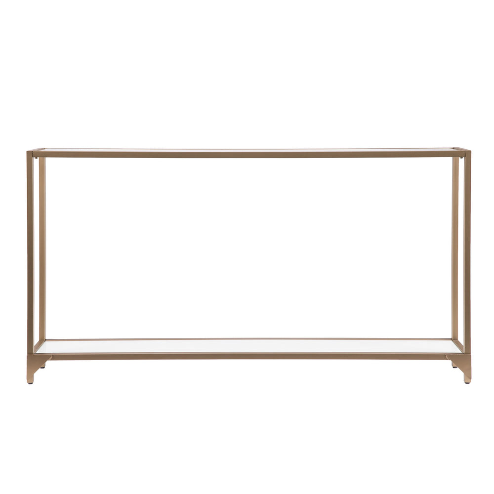 Homeroots 56" Clear And Gold Glass Mirrored Frame Console Table With Shelves   402364