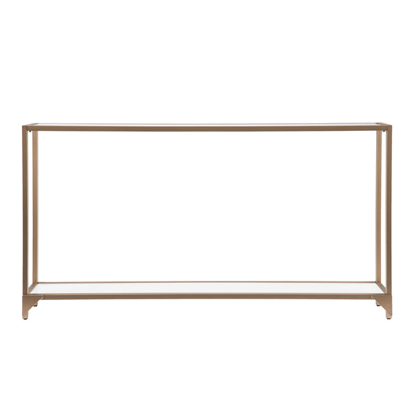 Homeroots 56" Clear And Gold Glass Mirrored Frame Console Table With Shelves   402364