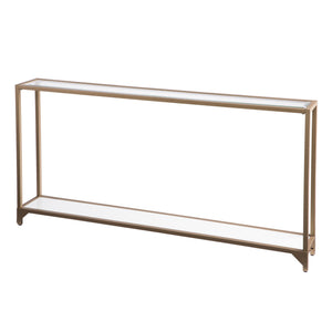 Homeroots 56" Clear And Gold Glass Mirrored Frame Console Table With Shelves   402364