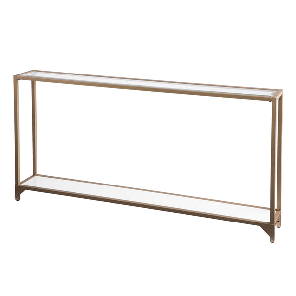 Homeroots 56" Clear And Gold Glass Mirrored Frame Console Table With Shelves   402364