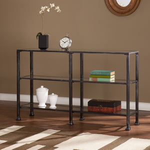 Homeroots 49" Clear And Black Glass Distressed Floor Shelf Console Table With Storage   402369