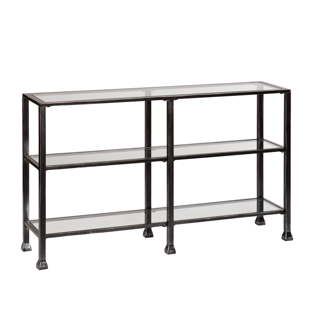 Homeroots 49" Clear And Black Glass Distressed Floor Shelf Console Table With Storage   402369