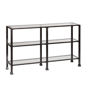 Homeroots 49" Clear And Black Glass Distressed Floor Shelf Console Table With Storage   402369