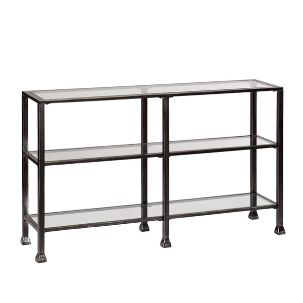 Homeroots 49" Clear And Black Glass Distressed Floor Shelf Console Table With Storage   402369