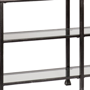 Homeroots 49" Clear And Black Glass Distressed Floor Shelf Console Table With Storage   402369