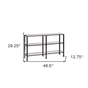 Homeroots 49" Clear And Black Glass Distressed Floor Shelf Console Table With Storage   402369