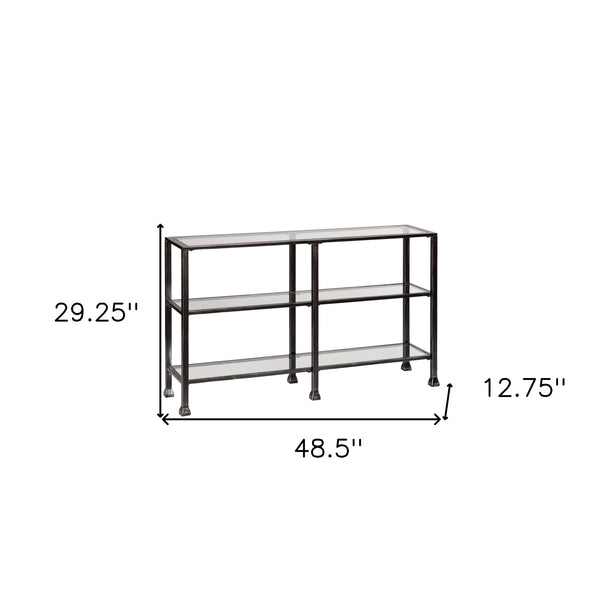 Homeroots 49" Clear And Black Glass Distressed Floor Shelf Console Table With Storage   402369